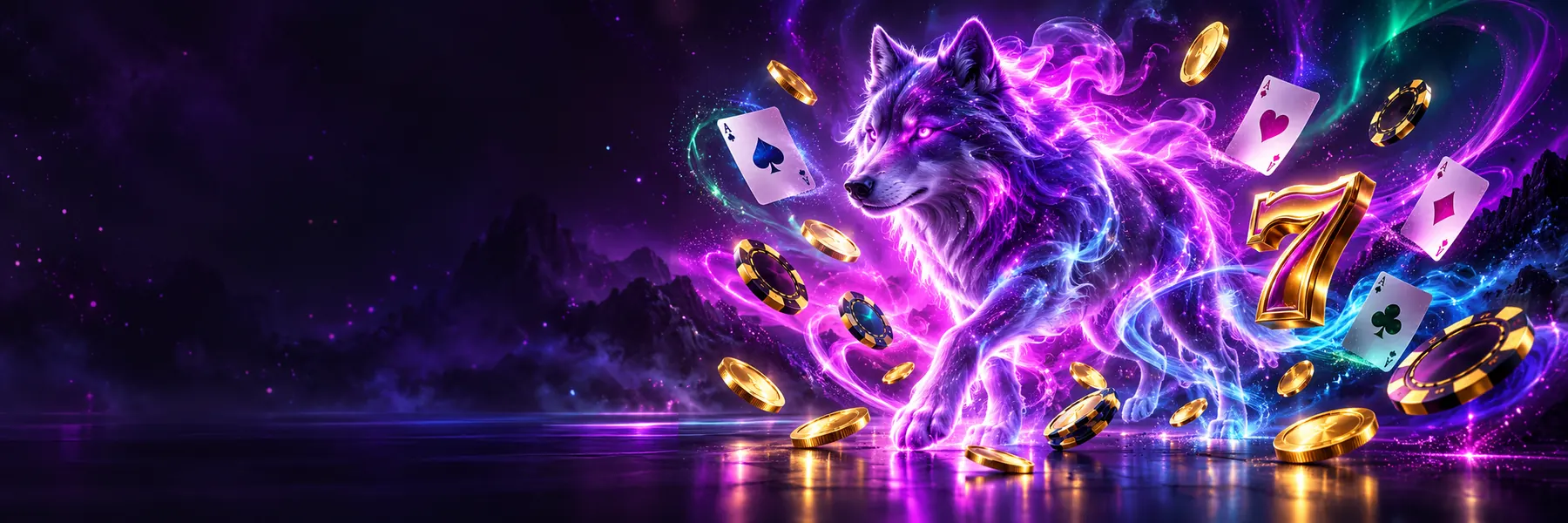 Win Spirit Casino banner: neon spirit wolf with golden coins, casino chips, playing cards and a lucky seven